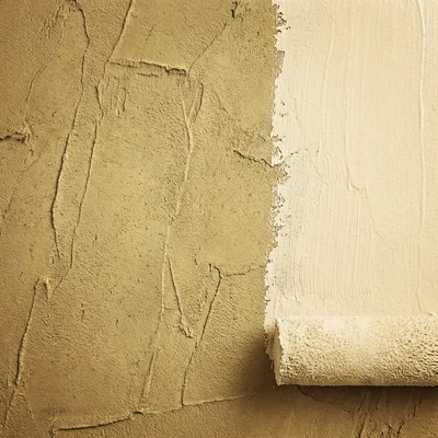 Close-up texture of a stuccoed exterior surface with visible trowel marks, showing a fresh, even coat of warm parchment-toned paint along one edge